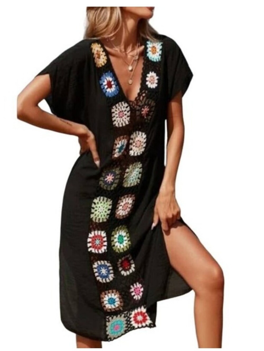 Vince Camuto Granny Square Gauzy Caftan Cover-up Dress Coastal Beach Boho Hippie
